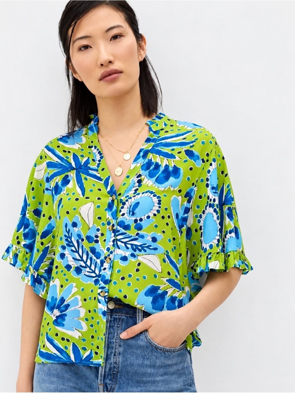 Anthropologie & Vera Floral Button-Down Blouse Green Blue Bohemian Flowy